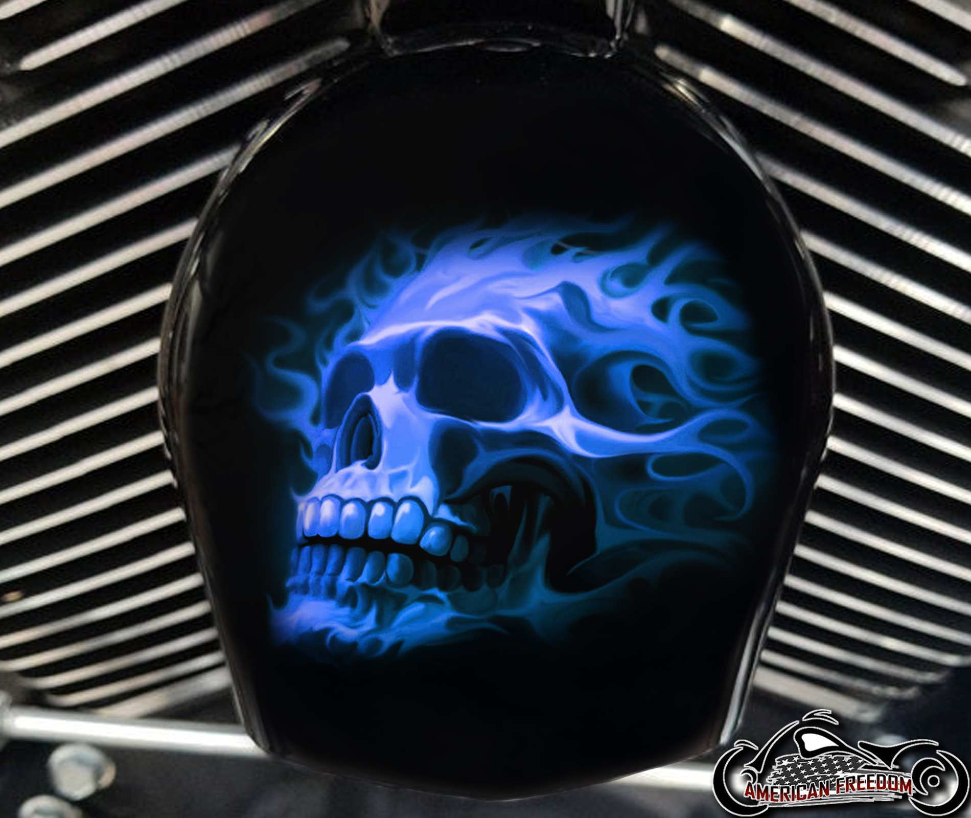 Custom Horn Cover - Flaming Skull Blue